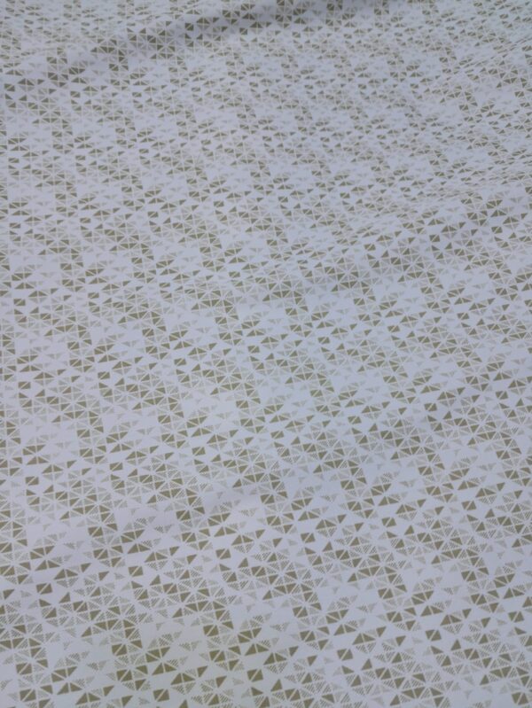 White Cotton Fabric with Geometric Triangle Print – Olive Green Edition